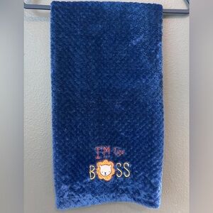 Blue Plush Blanket with Embroidered Lion Design